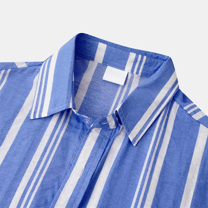 Buddha Stones Camisas de manga corta para hombre, estilo casual de verano, clásicas, con botones y rayas verticales. - image 17