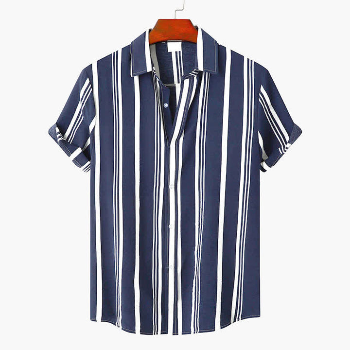 Buddha Stones Camisas de manga corta para hombre, estilo casual de verano, clásicas, con botones y rayas verticales. - Azul acero - US/UK/AU42, EU52 (3XL) - image 7