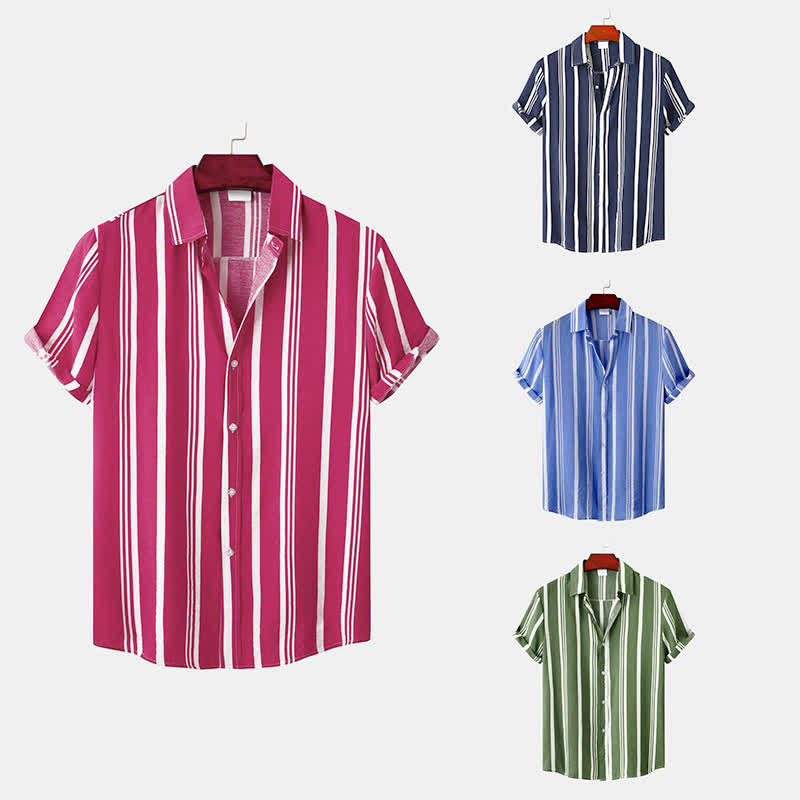 Buddha Stones Camisas de manga corta para hombre, estilo casual de verano, clásicas, con botones y rayas verticales. - image 28
