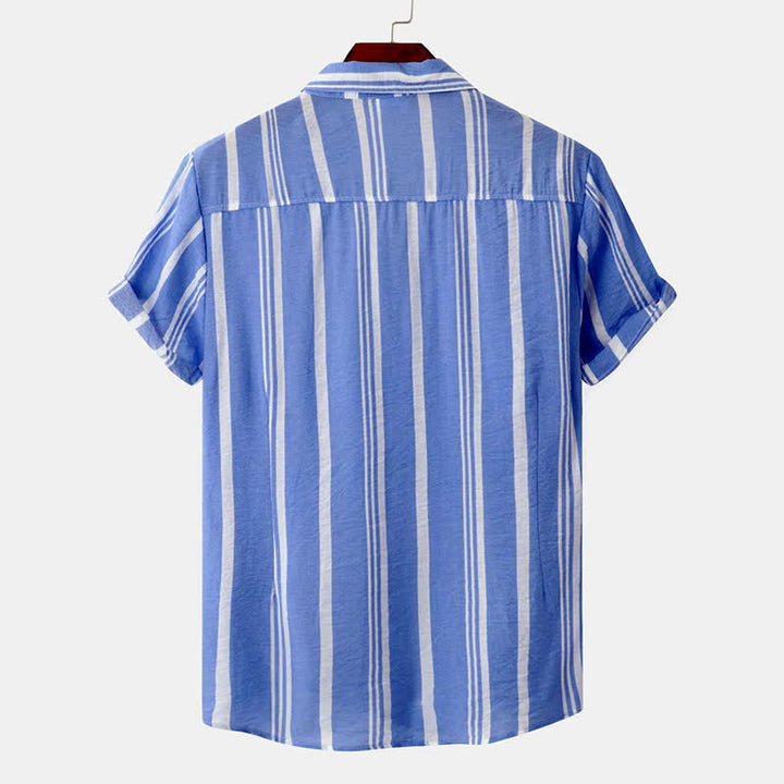 Buddha Stones Camisas de manga corta para hombre, estilo casual de verano, clásicas, con botones y rayas verticales. - image 15