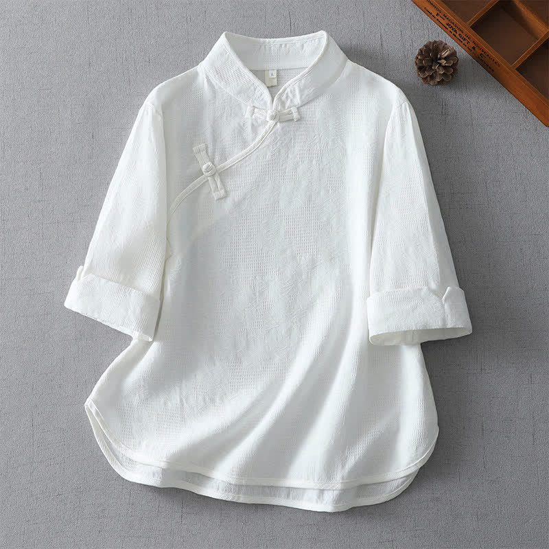 Buddha Stones Camisas de manga tres cuartos para mujer, estilo casual, con cuello mandarín, color liso, estilo Tang, ideales para el verano. - Blanco - US12, UK/AU16, EU44 (3XL) - image 7