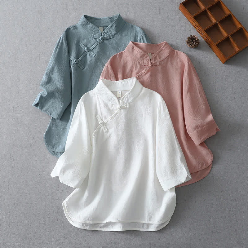 Buddha Stones Camisas de manga tres cuartos para mujer, estilo casual, con cuello mandarín, color liso, estilo Tang, ideales para el verano. - image 14