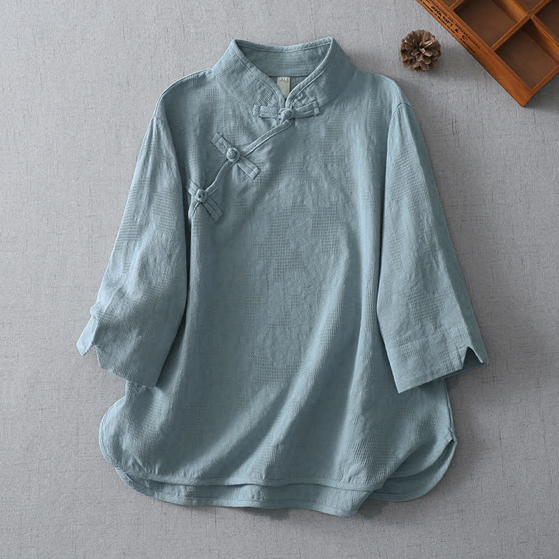 Buddha Stones Camisas de manga tres cuartos para mujer, estilo casual, con cuello mandarín, color liso, estilo Tang, ideales para el verano. - Azul acero claro - US12, UK/AU16, EU44 (3XL) - image 0
