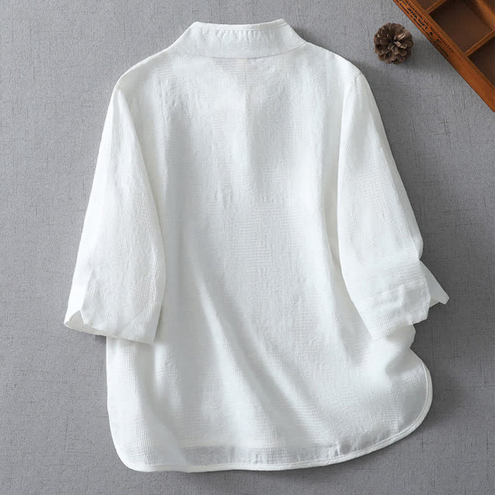 Buddha Stones Camisas de manga tres cuartos para mujer, estilo casual, con cuello mandarín, color liso, estilo Tang, ideales para el verano. - image 8