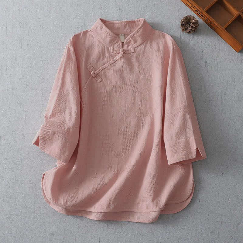 Buddha Stones Camisas de manga tres cuartos para mujer, estilo casual, con cuello mandarín, color liso, estilo Tang, ideales para el verano. - rosa claro - US12, UK/AU16, EU44 (3XL) - image 4