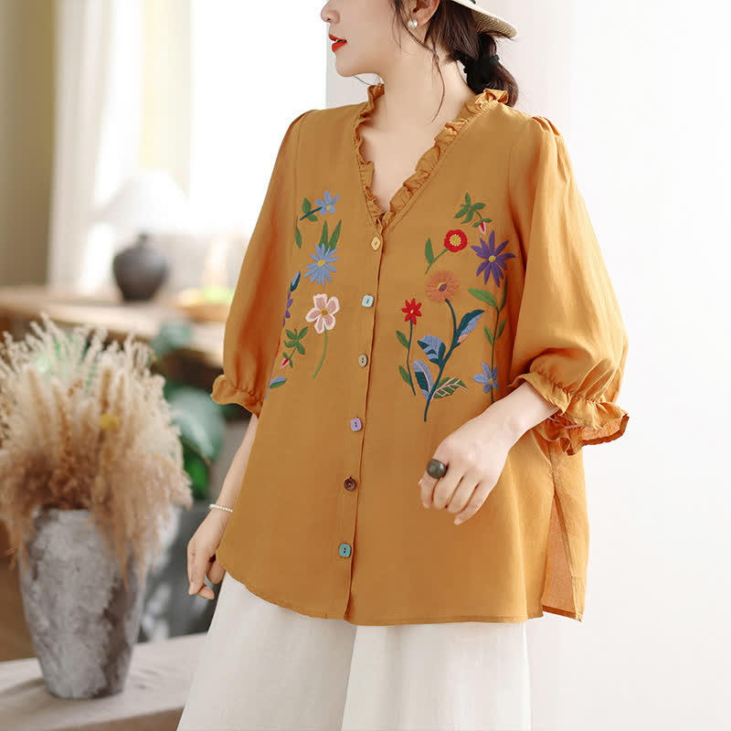 Buddha Stones Camisa de manga tres cuartos para mujer, estilo casual veraniego vintage, con bordado floral colorido y volantes, con cuello en V. - image 1
