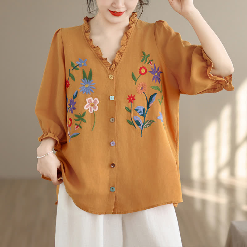 Buddha Stones Camisa de manga tres cuartos para mujer, estilo casual veraniego vintage, con bordado floral colorido y volantes, con cuello en V. - Vara de oro oscura - US8-10, UK/AU12-14, EU40-42 (2XL) - image 0