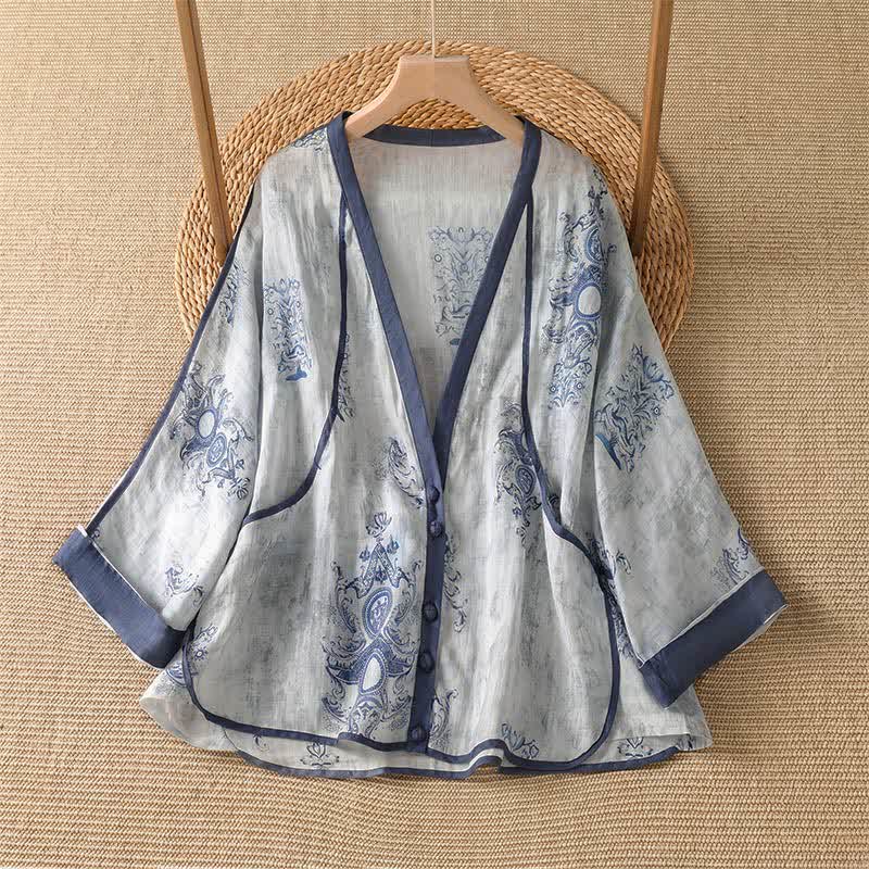 Buddha Stones Camisa de manga larga para mujer, estilo casual de verano, con botones y estampado floral. - Azul acero claro - US14, UK/AU18, EU46 (2XL) - image 0
