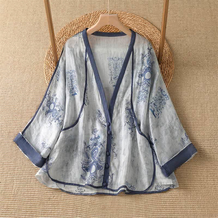 Buddha Stones Camisa de manga larga para mujer, estilo casual de verano, con botones y estampado floral. - Azul acero claro - US14, UK/AU18, EU46 (2XL) - image 0