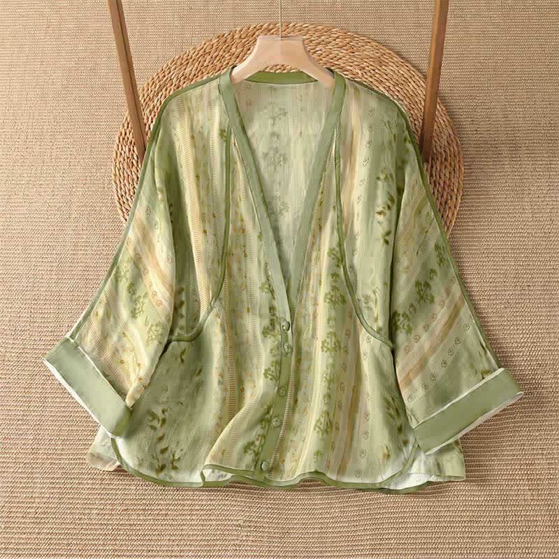 Buddha Stones Camisa de manga larga para mujer, estilo casual de verano, con botones y estampado floral. - Verde amarillento - US14, UK/AU18, EU46 (2XL) - image 6