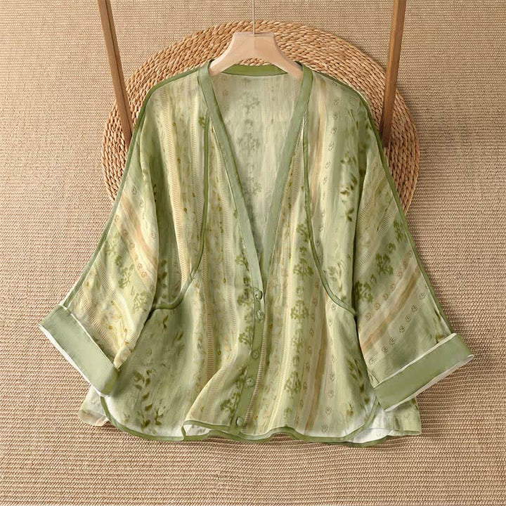 Buddha Stones Camisa de manga larga para mujer, estilo casual de verano, con botones y estampado floral. - Verde amarillento - US14, UK/AU18, EU46 (2XL) - image 6
