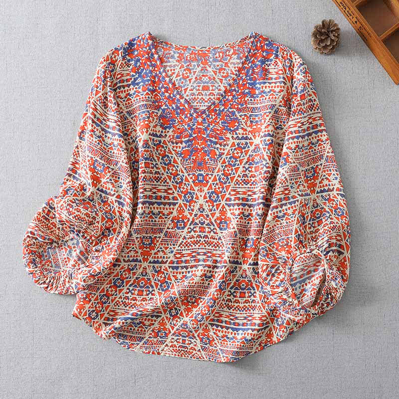 Buddha Stones Camiseta de manga larga para mujer con cuello en V, estampado geométrico rojo estilo boho vintage de verano - Salmón - US8-10, UK/AU12-14, EU40-42 (2XL) - image 0