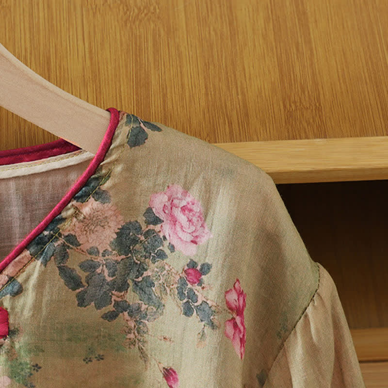 Buddha Stones Camisas de manga tres cuartos para mujer, estilo Summer Tang, vintage, con cuello mandarín y estampado floral de rosas rosas. - image 6
