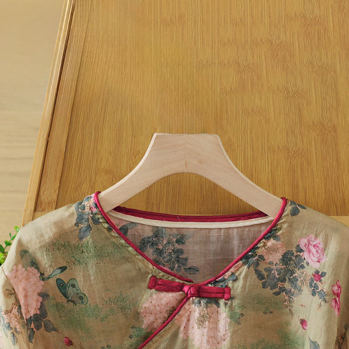 Buddha Stones Camisas de manga tres cuartos para mujer, estilo Summer Tang, vintage, con cuello mandarín y estampado floral de rosas rosas. - image 4