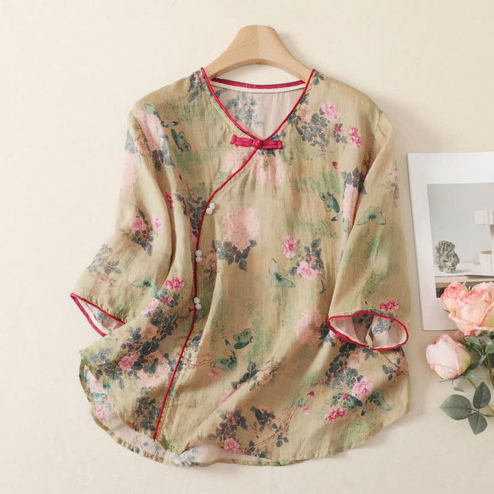 Buddha Stones Camisas de manga tres cuartos para mujer, estilo Summer Tang, vintage, con cuello mandarín y estampado floral de rosas rosas. - Caqui oscuro - US12, UK/AU16, EU44 (2XL) - image 0