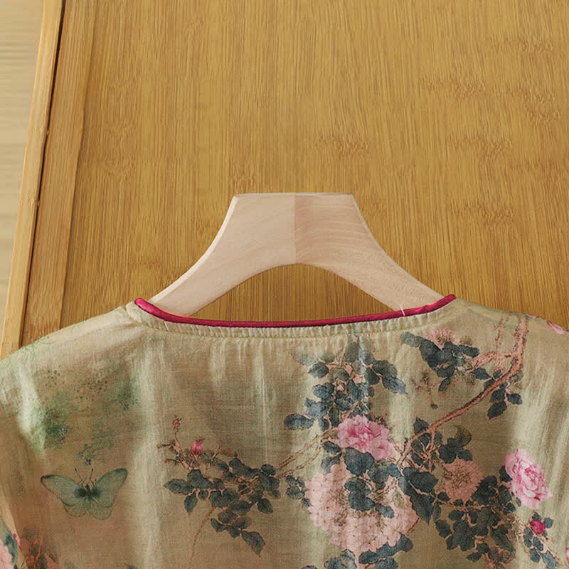 Buddha Stones Camisas de manga tres cuartos para mujer, estilo Summer Tang, vintage, con cuello mandarín y estampado floral de rosas rosas. - image 5