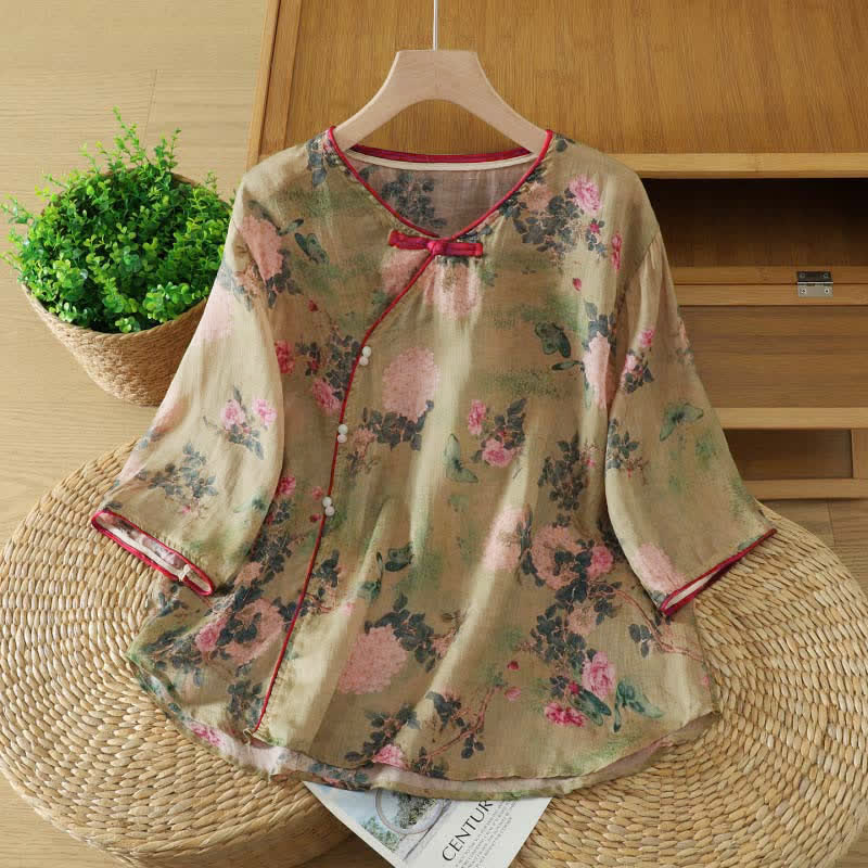Buddha Stones Camisas de manga tres cuartos para mujer, estilo Summer Tang, vintage, con cuello mandarín y estampado floral de rosas rosas. - image 1