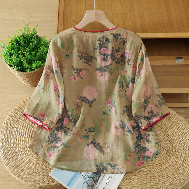 Buddha Stones Camisas de manga tres cuartos para mujer, estilo Summer Tang, vintage, con cuello mandarín y estampado floral de rosas rosas. - image 2
