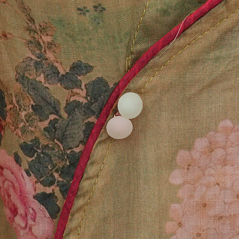 Buddha Stones Camisas de manga tres cuartos para mujer, estilo Summer Tang, vintage, con cuello mandarín y estampado floral de rosas rosas. - image 7