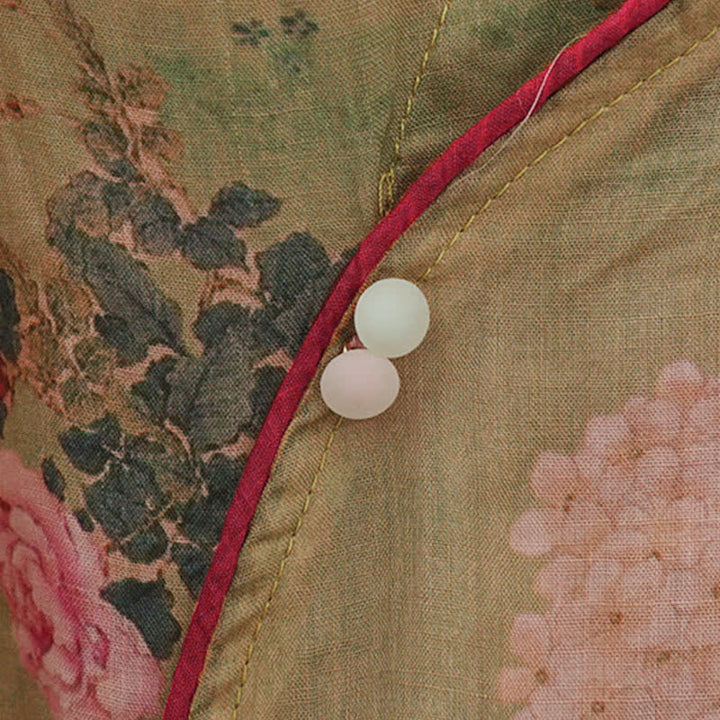 Buddha Stones Camisas de manga tres cuartos para mujer, estilo Summer Tang, vintage, con cuello mandarín y estampado floral de rosas rosas. - image 7