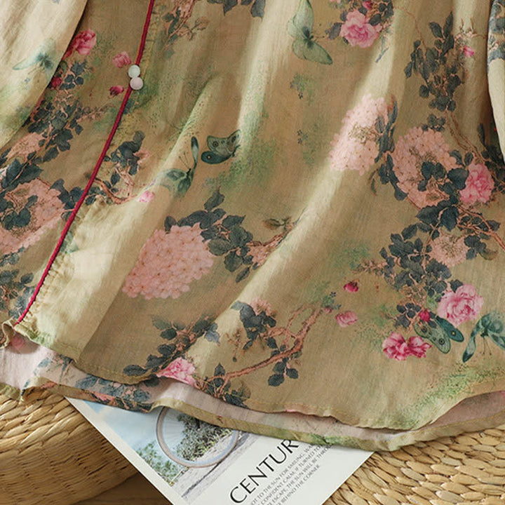 Buddha Stones Camisas de manga tres cuartos para mujer, estilo Summer Tang, vintage, con cuello mandarín y estampado floral de rosas rosas. - image 8