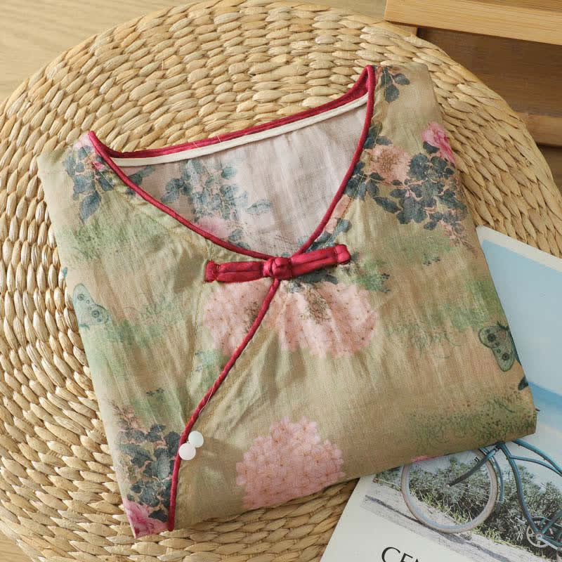 Buddha Stones Camisas de manga tres cuartos para mujer, estilo Summer Tang, vintage, con cuello mandarín y estampado floral de rosas rosas. - image 3