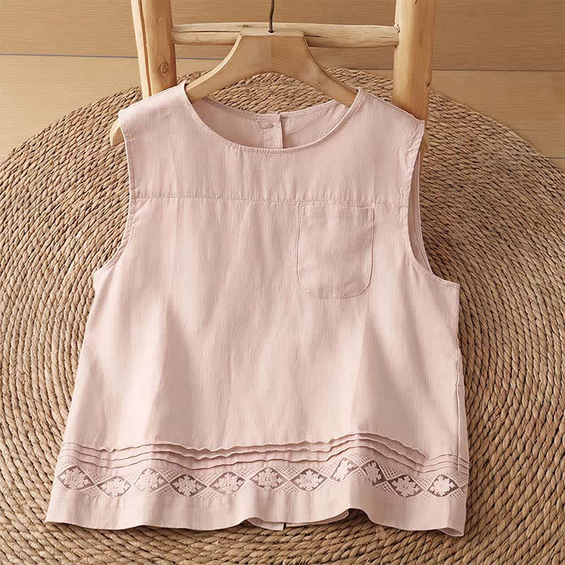 Buddha Stones Camiseta sin mangas vintage informal de verano con estampado geométrico, bajo hueco, botones en la espalda y bolsillo de parche. - Camisa rosa claro - US8-10, UK/AU12-14, EU40-42 (2XL) - image 0