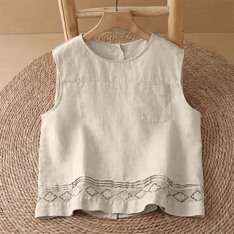 Buddha Stones Camiseta sin mangas vintage informal de verano con estampado geométrico, bajo hueco, botones en la espalda y bolsillo de parche. - Camisa de lino - US8-10, UK/AU12-14, EU40-42 (2XL) - image 31