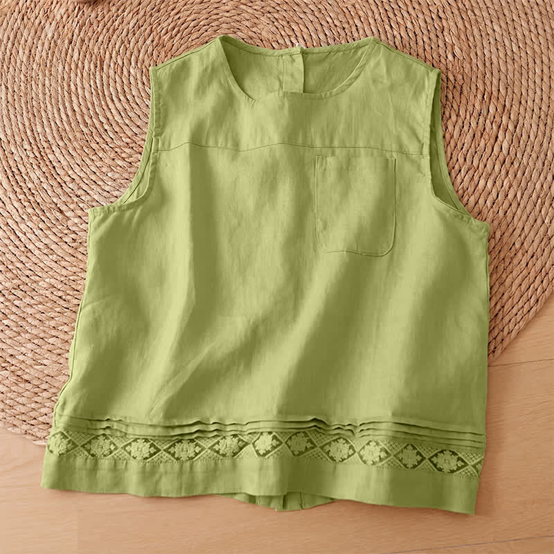 Buddha Stones Camiseta sin mangas vintage informal de verano con estampado geométrico, bajo hueco, botones en la espalda y bolsillo de parche. - image 16