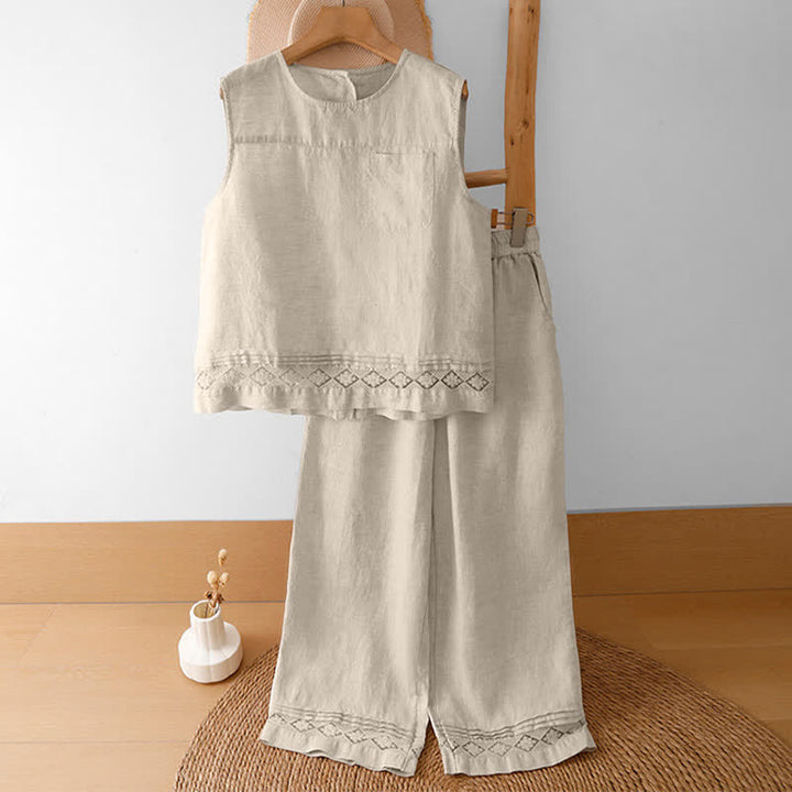 Buddha Stones Camiseta sin mangas vintage informal de verano con estampado geométrico, bajo hueco, botones en la espalda y bolsillo de parche. - image 46