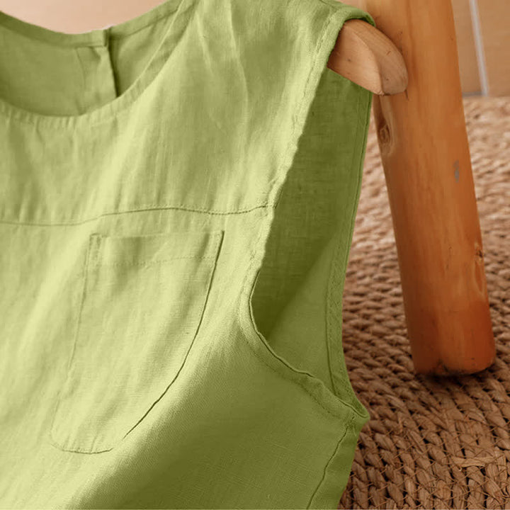 Buddha Stones Camiseta sin mangas vintage informal de verano con estampado geométrico, bajo hueco, botones en la espalda y bolsillo de parche. - image 18