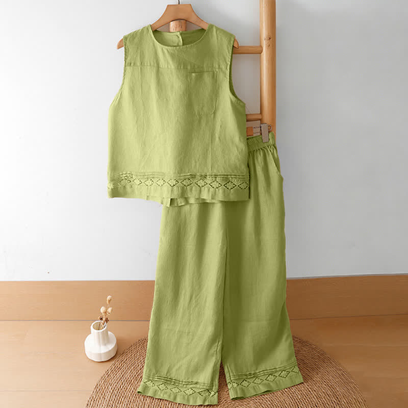 Buddha Stones Camiseta sin mangas vintage informal de verano con estampado geométrico, bajo hueco, botones en la espalda y bolsillo de parche. - image 30