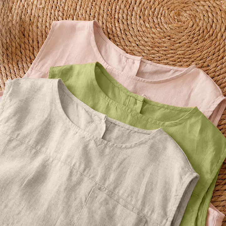 Buddha Stones Camiseta sin mangas vintage informal de verano con estampado geométrico, bajo hueco, botones en la espalda y bolsillo de parche. - image 47