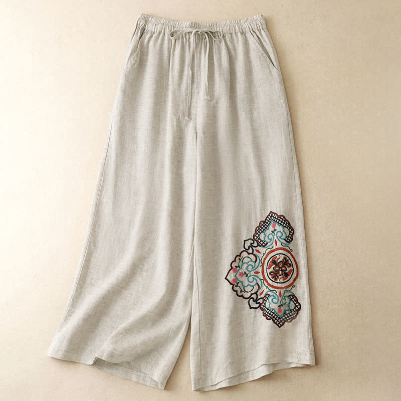 Buddha Stones Pantalones capri informales de verano con bordado floral para mujer, de pierna ancha y con bolsillo. - Lino - US8-10, UK/AU12-14, EU40-42 (2XL) - image 0