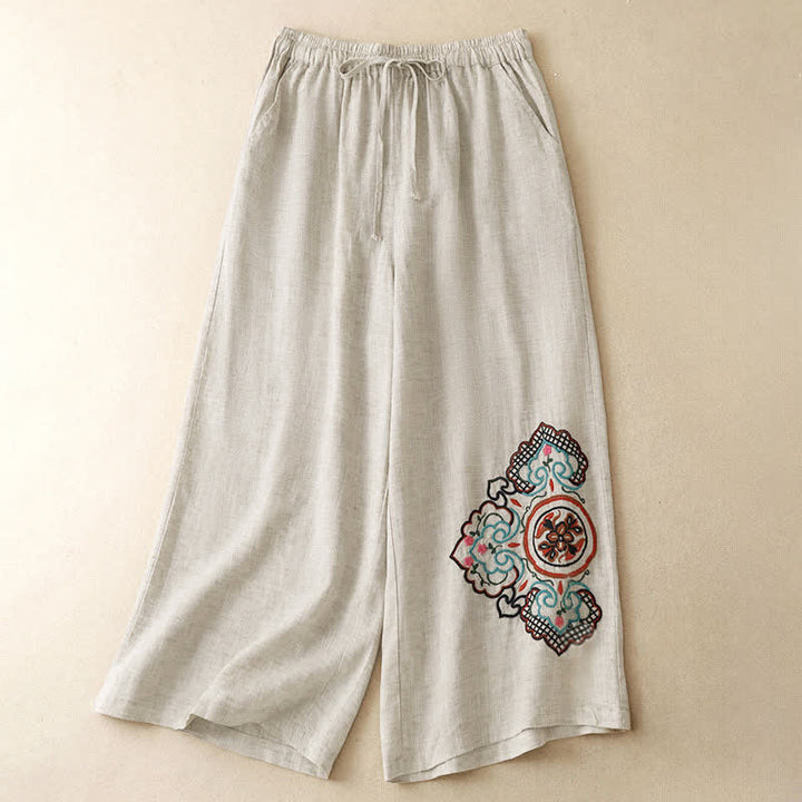 Buddha Stones Pantalones capri informales de verano con bordado floral para mujer, de pierna ancha y con bolsillo. - Lino - US8-10, UK/AU12-14, EU40-42 (2XL) - image 0