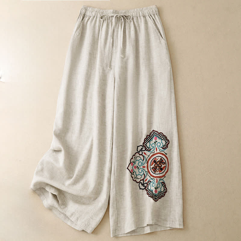 Buddha Stones Pantalones capri informales de verano con bordado floral para mujer, de pierna ancha y con bolsillo. - image 2