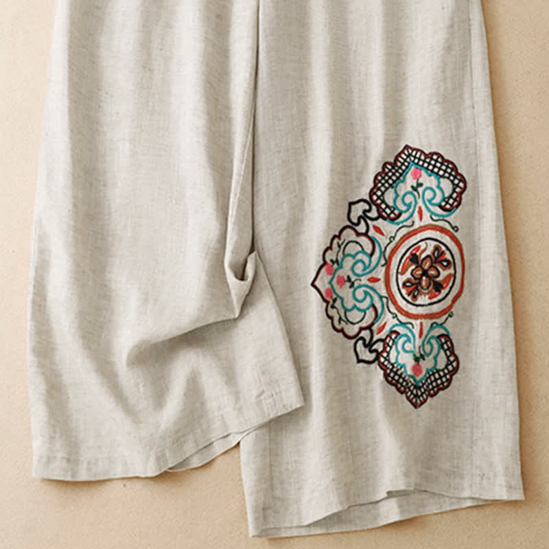 Buddha Stones Pantalones capri informales de verano con bordado floral para mujer, de pierna ancha y con bolsillo. - image 6