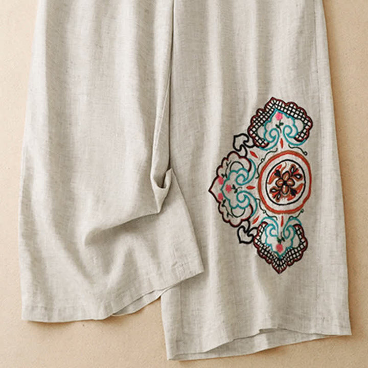 Buddha Stones Pantalones capri informales de verano con bordado floral para mujer, de pierna ancha y con bolsillo. - image 6