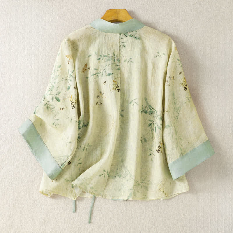 Buddha Stones Kimono de verano informal vintage con cuello en V, cordón ajustable, ribete floral en contraste y manga tres cuartos para mujer. - image 1