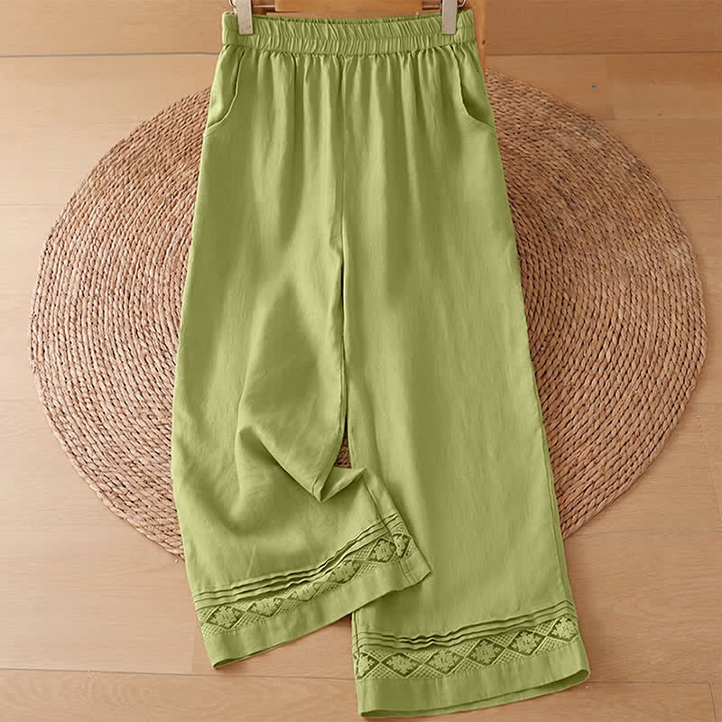 Buddha Stones Pantalones de mujer informales de verano, minimalistas, geométricos, con bajo calado y tobillo ancho. - Pantalones amarillo verdosos - US8-10, UK/AU12-14, EU40-42 (2XL) - image 0