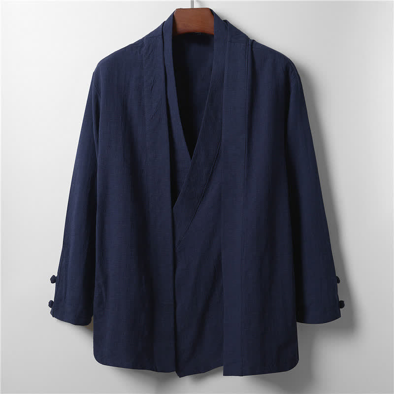 Buddha Stones Kimono de ramio para hombre, estilo casual de primavera, minimalista, con solapa lisa y estampado sencillo. - Azul medianoche - US/UK/AU44, EU54 (4XL) - image 10