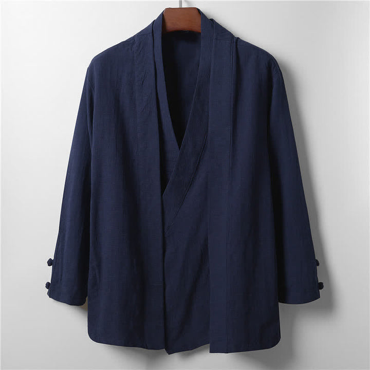 Buddha Stones Kimono de ramio para hombre, estilo casual de primavera, minimalista, con solapa lisa y estampado sencillo. - Azul medianoche - US/UK/AU44, EU54 (4XL) - image 10