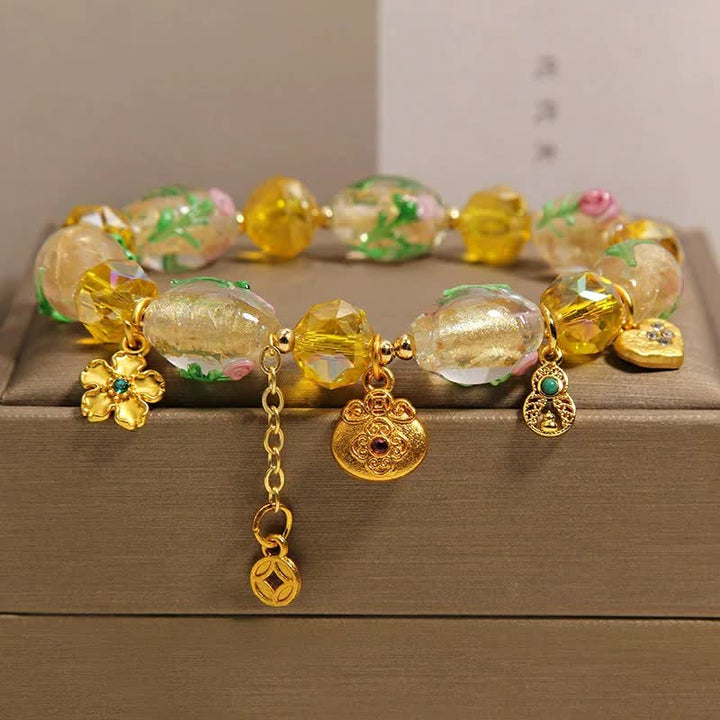Buddha Stones Pulsera con dije de abundancia de calabaza facetada con forma de bolsa de dinero de liuli amarillo estilo chino - image 3