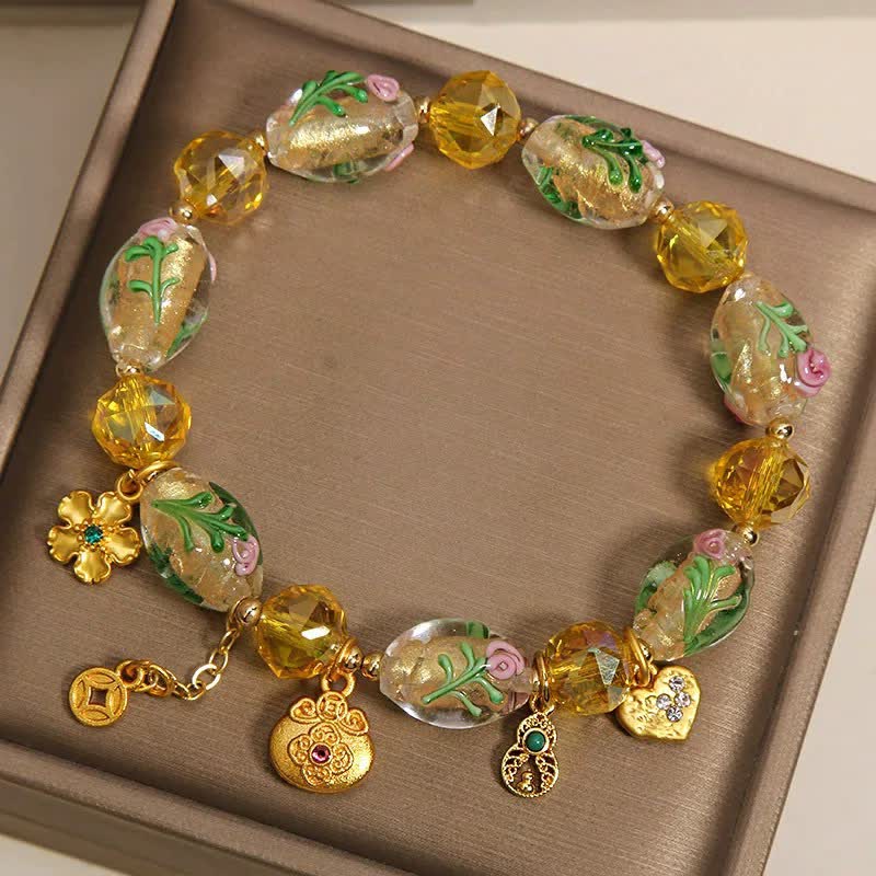 Buddha Stones Pulsera con dije de abundancia de calabaza facetada con forma de bolsa de dinero de liuli amarillo estilo chino - image 2