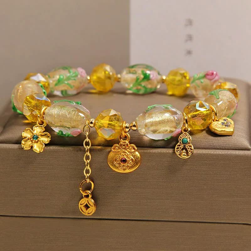 Buddha Stones Pulsera con dije de abundancia de calabaza facetada con forma de bolsa de dinero de liuli amarillo estilo chino - image 4