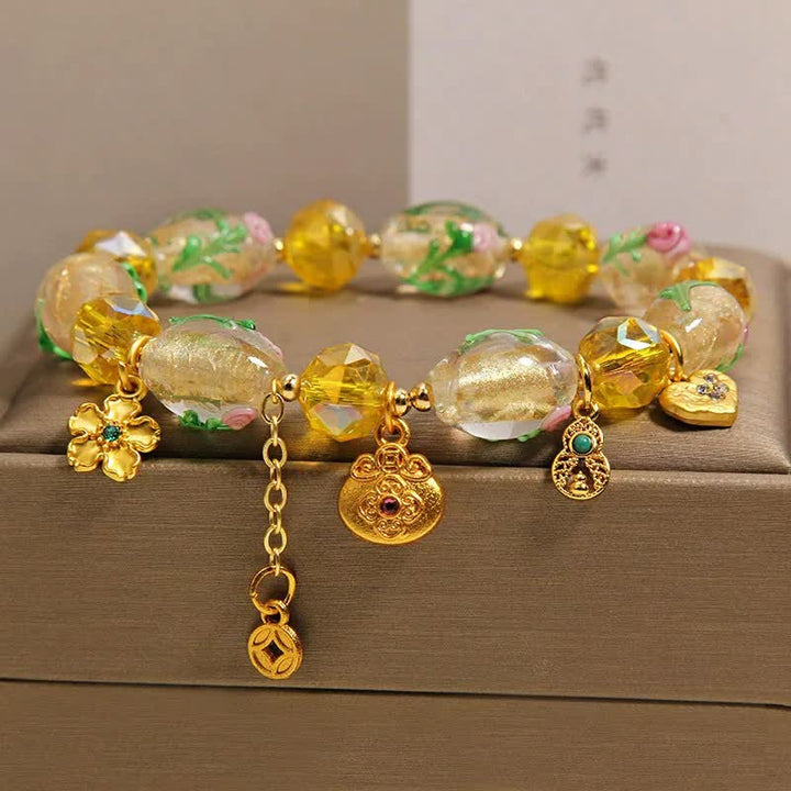 Buddha Stones Pulsera con dije de abundancia de calabaza facetada con forma de bolsa de dinero de liuli amarillo estilo chino - image 4