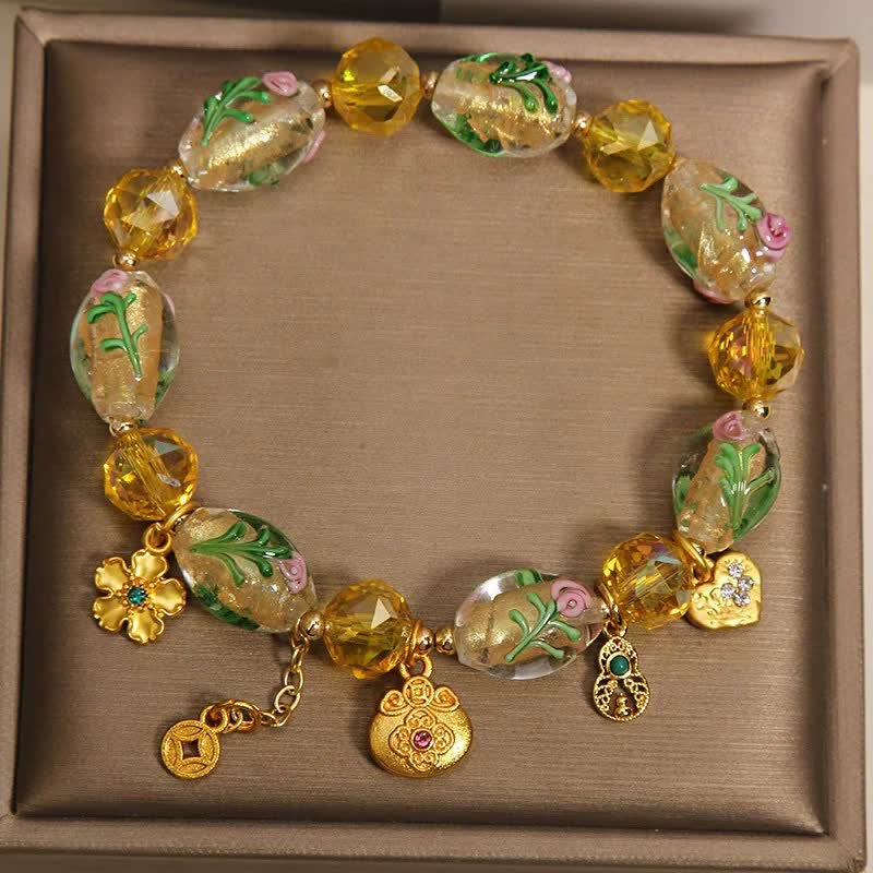 Buddha Stones Pulsera con dije de abundancia de calabaza facetada con forma de bolsa de dinero de liuli amarillo estilo chino - image 1
