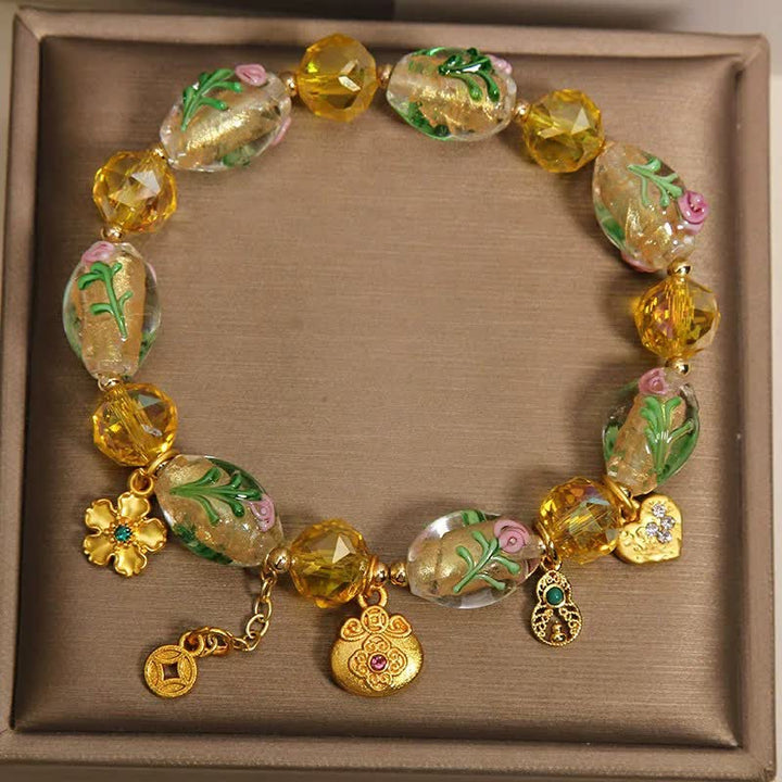 Buddha Stones Pulsera con dije de abundancia de calabaza facetada con forma de bolsa de dinero de liuli amarillo estilo chino - image 1