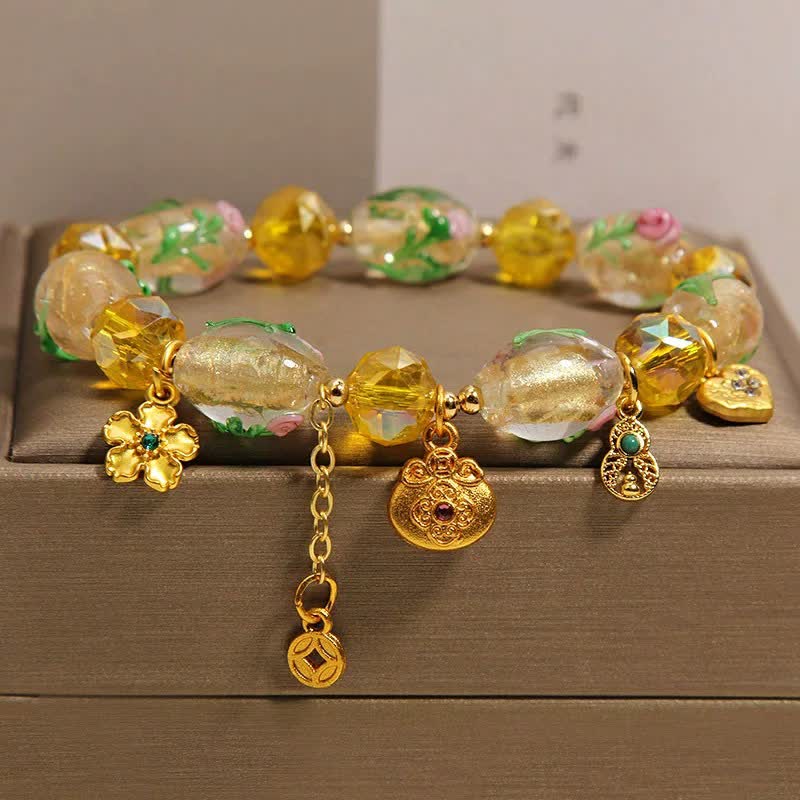 Buddha Stones Pulsera con dije de abundancia de calabaza facetada con forma de bolsa de dinero de liuli amarillo estilo chino - Liuli (Circunferencia de la muñeca: 5,91-6,29 pulgadas / 15-16 cm) - image 0