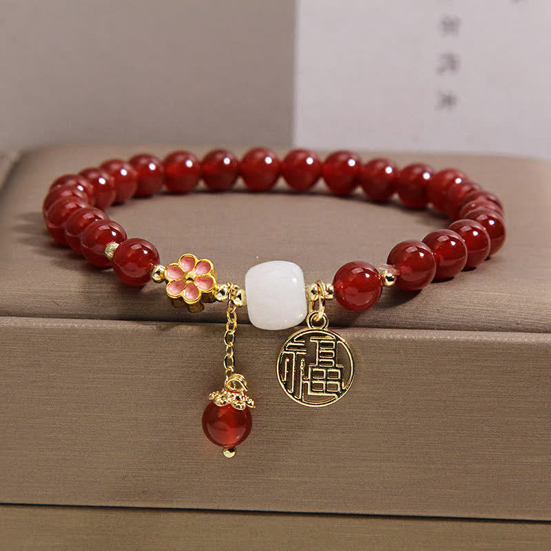Buddha Stones Pulsera de ágata roja con forma de flor y símbolo de confianza. - Personaje Fu (Suerte ♥ Bendición) - image 0